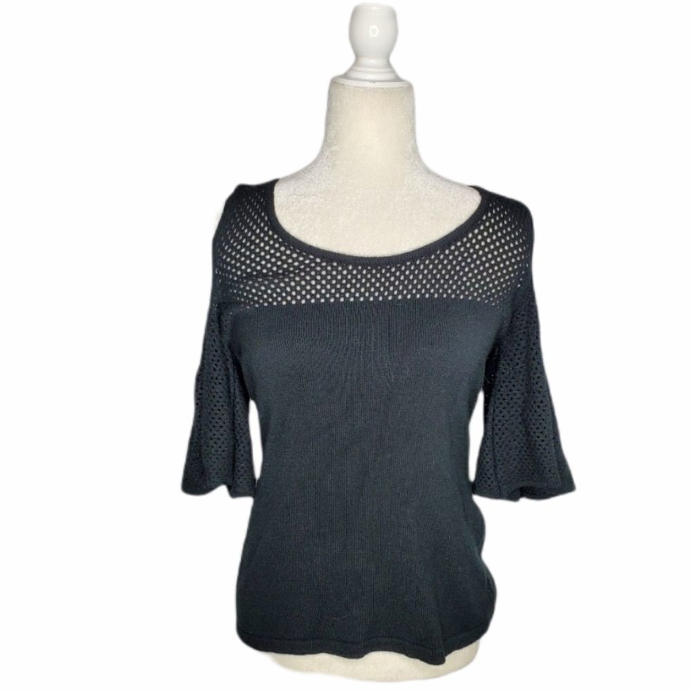 Joseph Ribkoff Black Top Cold Shoulder Mesh Sample Sweater M